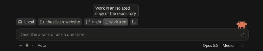 A screenshot of Claude Code, showing the worktree checkbox.