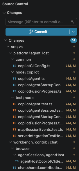 Screenshot of VS Code source control showing the git status with 14 untracked file changes.