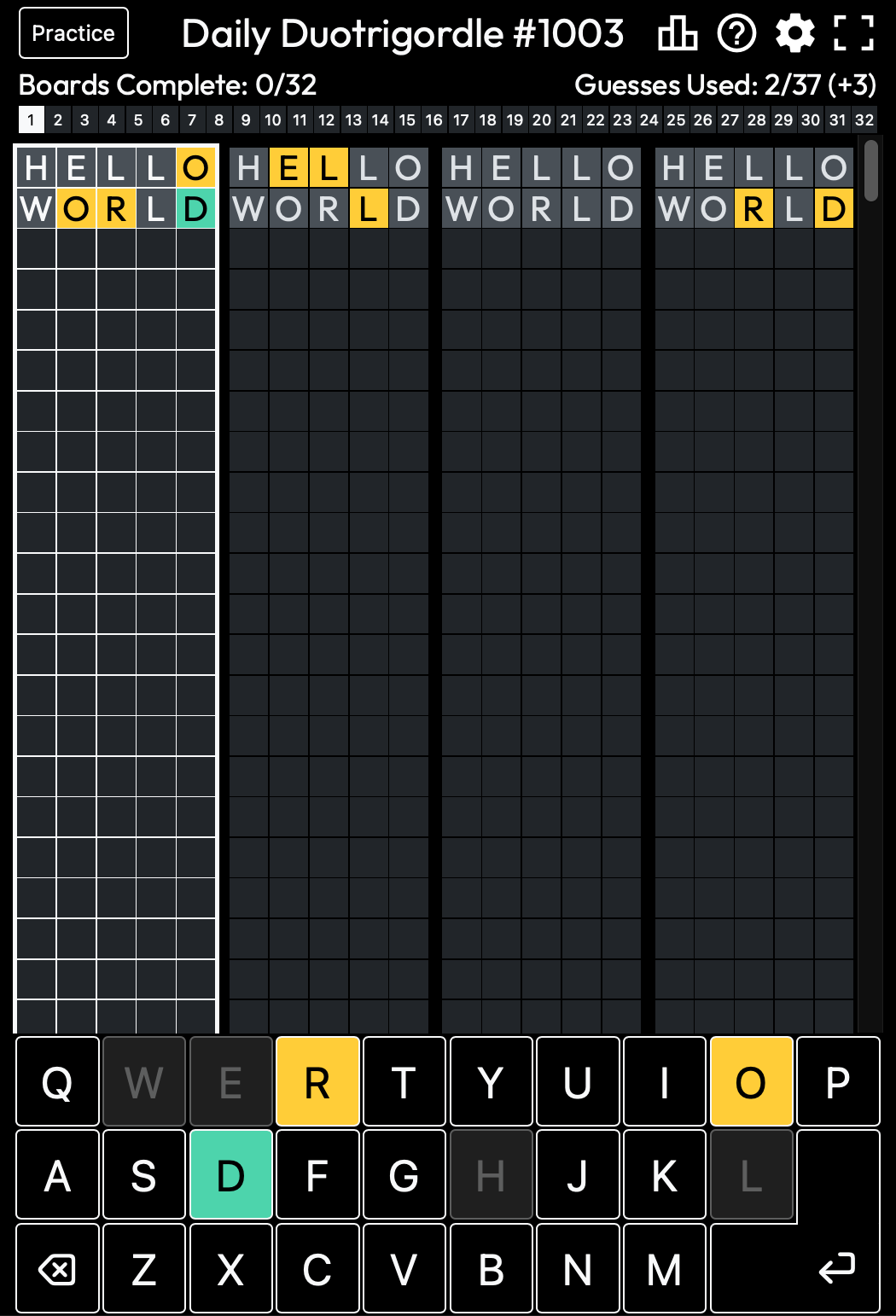 Screenshot of Duotrigordle
around August 2022