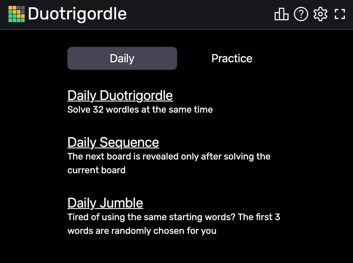 Screenshot of Duotrigordle
home screen around February 2023