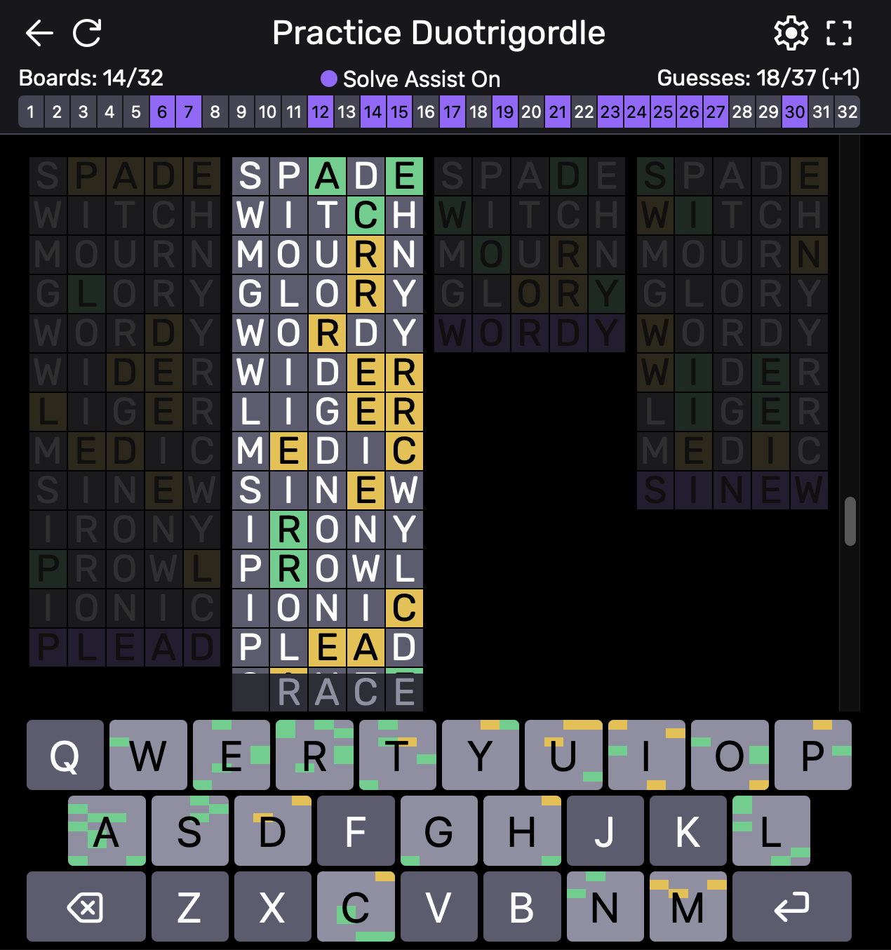 Screenshot of Duotrigordle
gameplay featuring solve assist