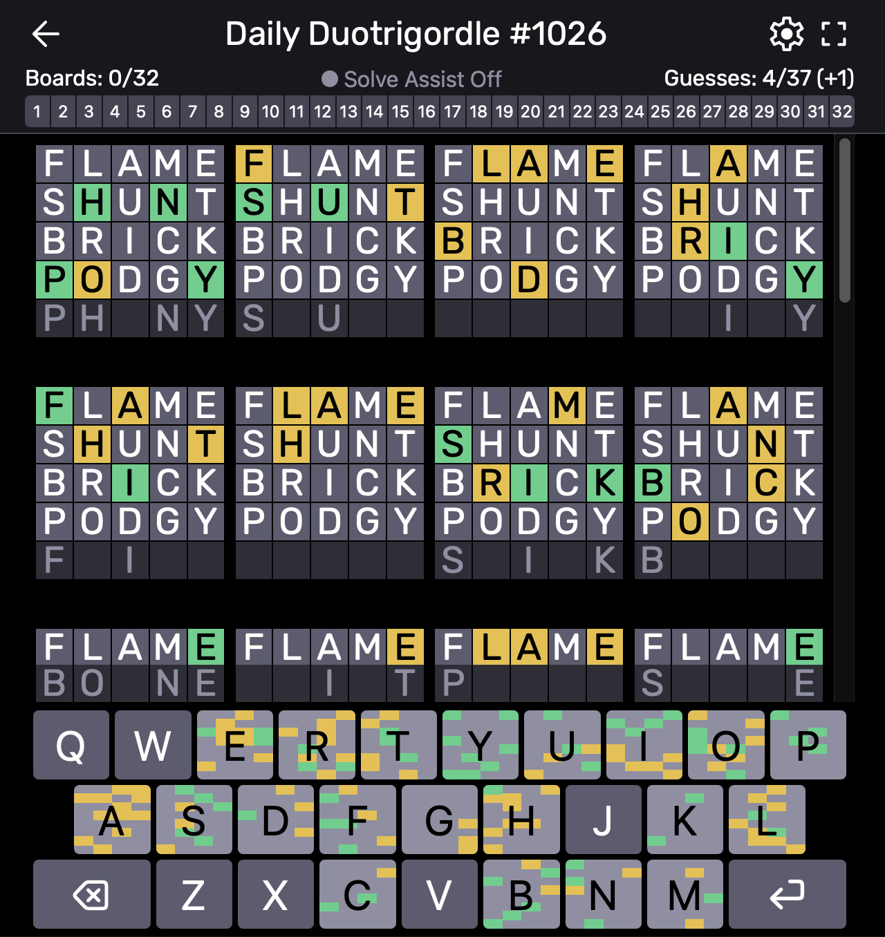 Screenshot of duotrigordle game