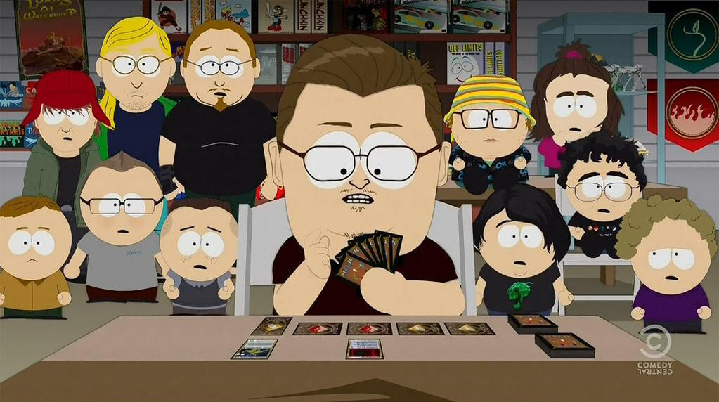 A screenshot from South Park of a player at a table playing Magic the Gathering with cards in hand.