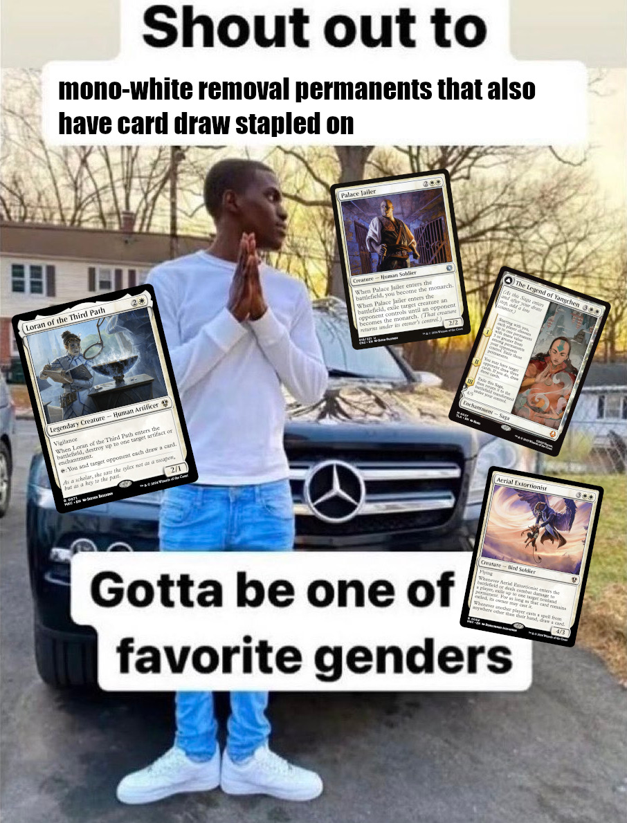A meme that says 'Shout out to mono-white permanents that also have card draw stapled on / Gotta be one of my favorite genders'