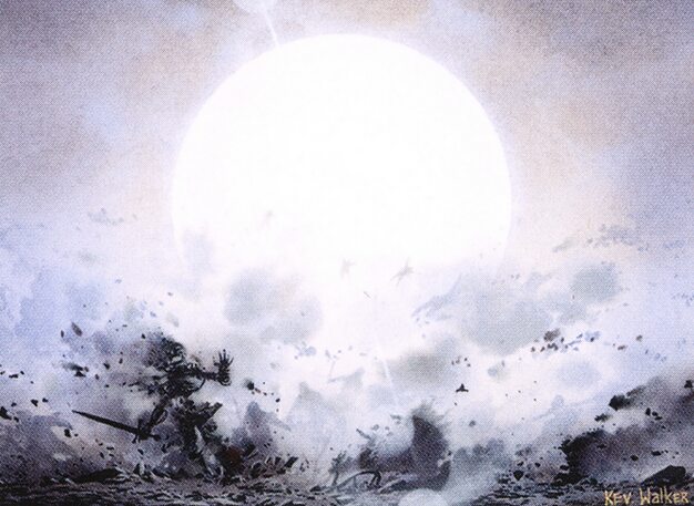 Photo of the art for Wrath of God, depicting a white field where all the soldiers on the field are being wiped out of existence.